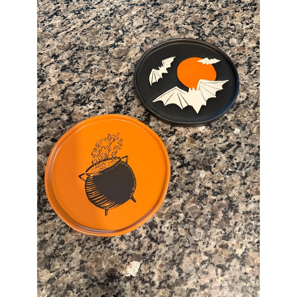 Threshold Halloween Stoneware Appetizer Plates Set 2 Bats Moon Cauldron Orange